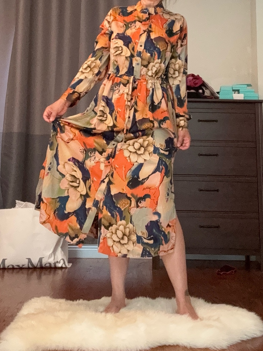 Soulmates Long Sleeve Floral Midi Dress in Orange and Navy  Size M